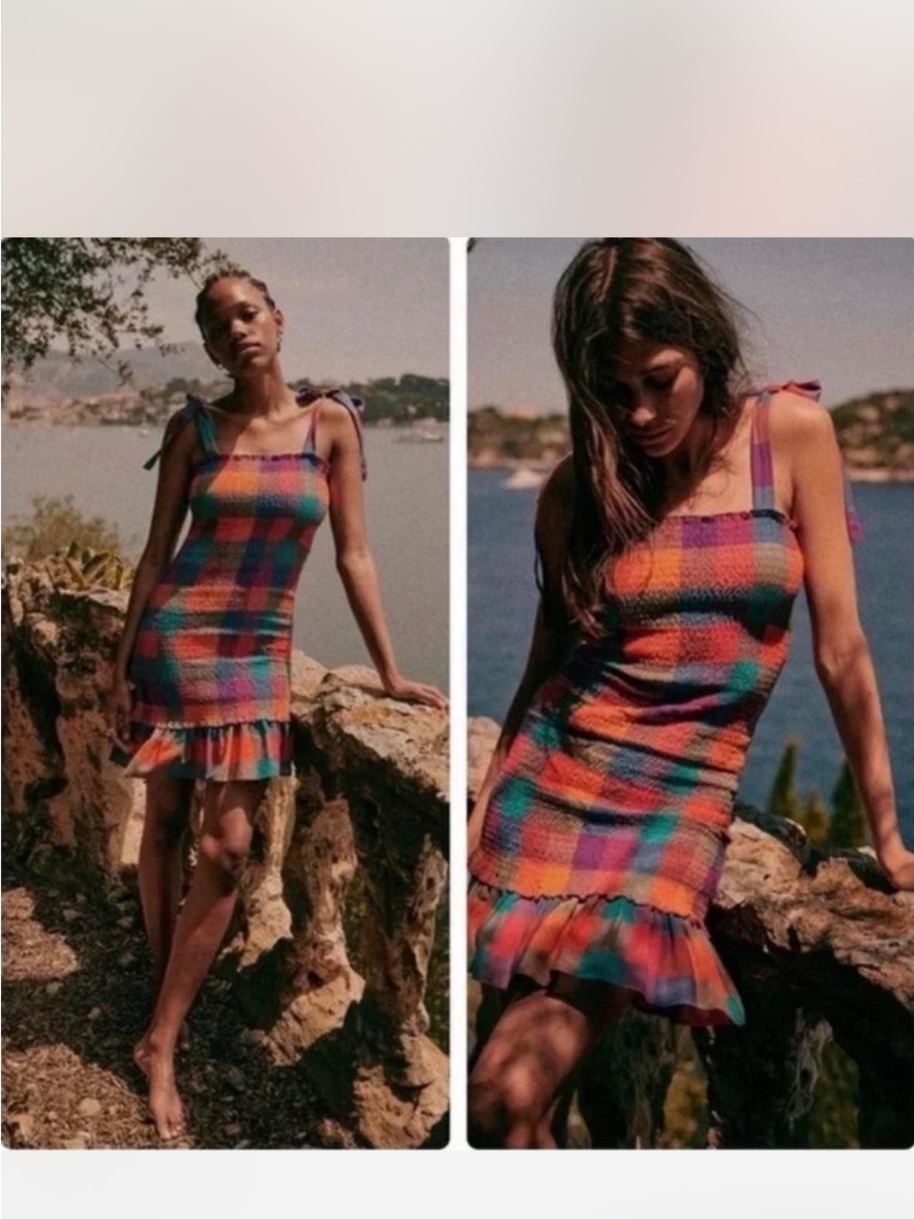 Sezane Velvet Multicolor Plaid Tie-Shoulder Mini Dress